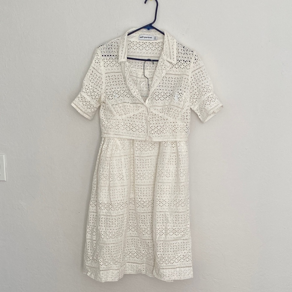 Self-Portrait White Eyelet Lace Shirt Dress